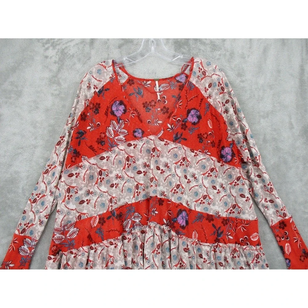 Free People Blouse Small Tiered Floral Cottage Bohemian‎ Semi Sheer Boxy Stretch